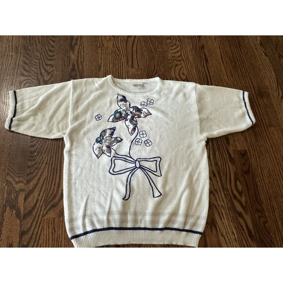 Vintage Pykettes Knitted Sweater Ivory Embroidered Bows‎ 80s 90s Style Size L - Picture 1 of 7